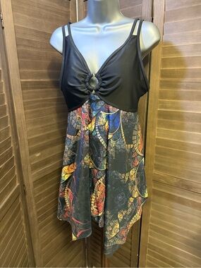 Black with multicolor design swim dress/Tankini